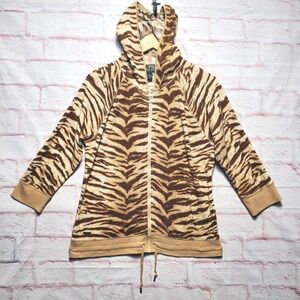 Lauren Ralph Lauren LRL Tiger Print Waffle Hoodie Zip Up Cotton Women Size L